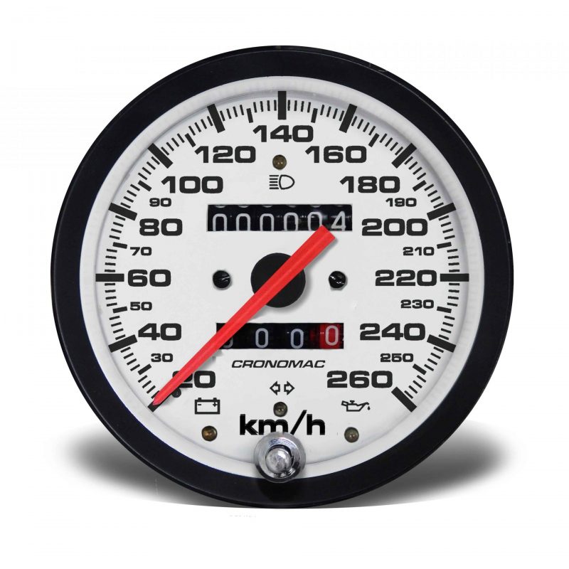 Velocímetro 100mm Mecânico 260kmh Street - Branco 2 hodômetros com sinaleira W 0.5